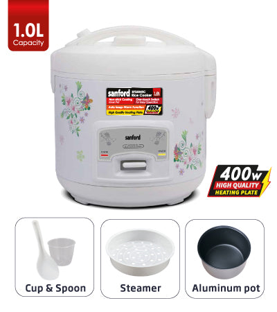 Sanford Rice Cooker 1 L 400 W SF2504RC-1.0L BSKitchen Storage1.0 Liter Automatic Rice Cooker. Automatic Cooking & Keep Warm Function. Unique Non-Stick Liner Technology. Non-stick Coated Aluminum Inner pot. High-quality Heating Plate. One-touch Switch for